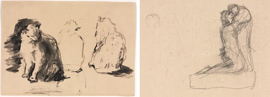 Cats (recto); Sketch of Two Figures Embracing (verso) by Théodule Ribot
