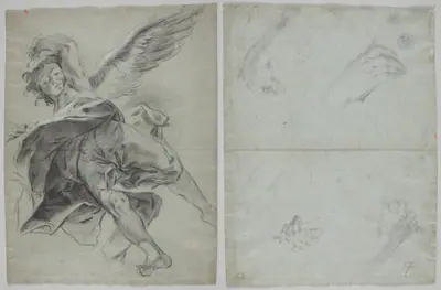 A Flying Angel (recto); Studies of Hands Playing Instruments (verso)