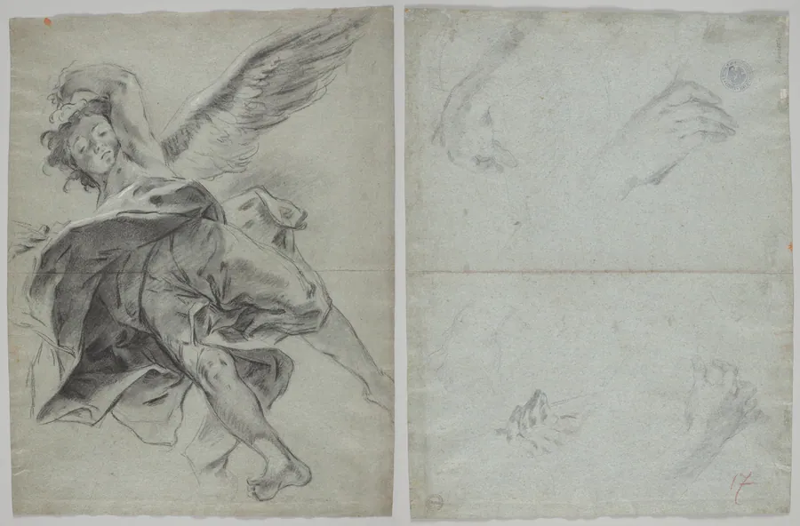 A Flying Angel (recto); Studies of Hands Playing Instruments (verso) by Giovanni Battista Piazzetta