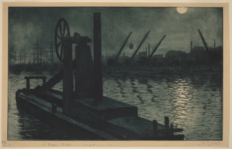 La Drague Dieppe (A Dredger in Dieppe Harbor by Moonlight) by Henri-Charles Guérard