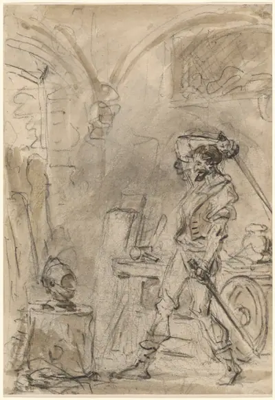 Don Quixote about to Strike the Helmet