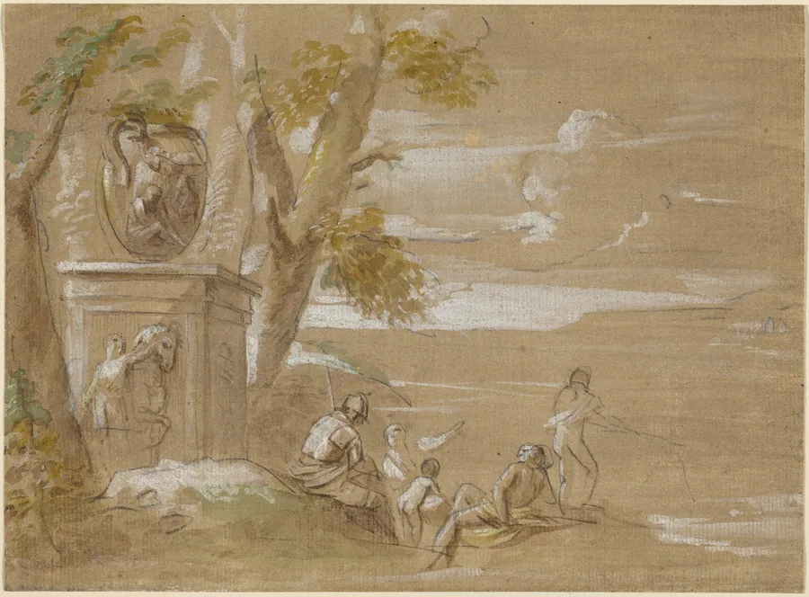 A Landscape with Seated Soldiers and Fishermen by Antonio Visentini