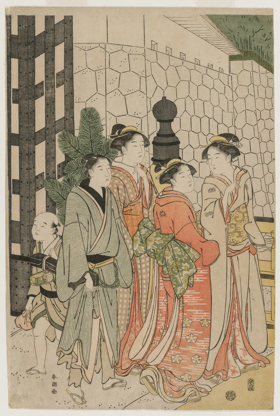 Young Man and Women on Tokiwa Bridge by Katsukawa Shunchō
