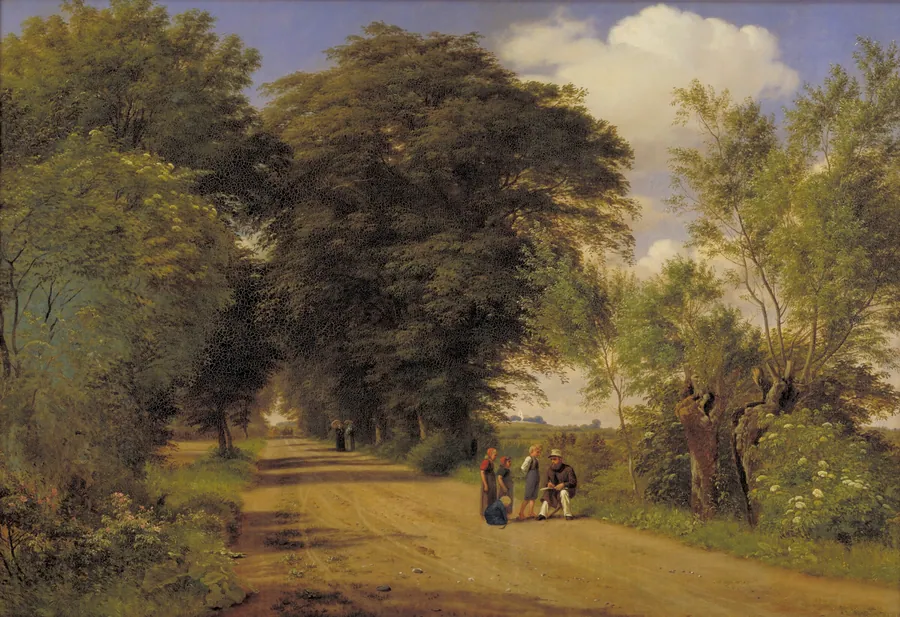 Landevej ved herregården Vognserup. Lundbye sidder ved vejkanten og tegner by P.C. Skovgaard