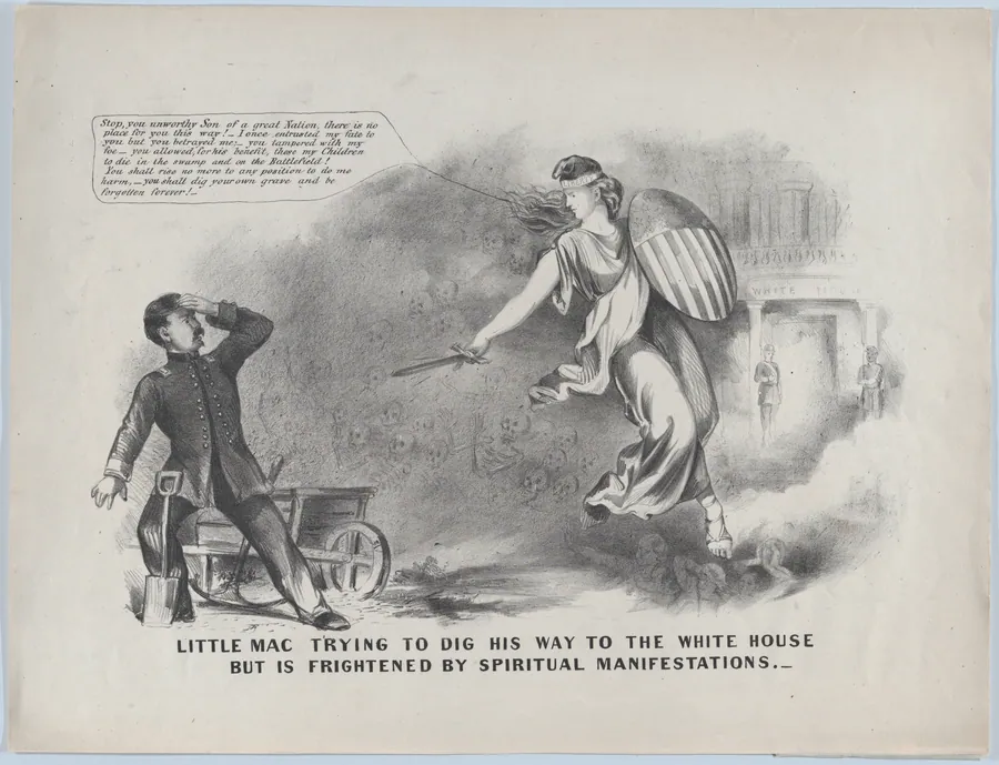 Little Mac Trying to Dig His Way to the White House, But is Frightened by Spiritual Manifestations by Anonymous, American, 19th century