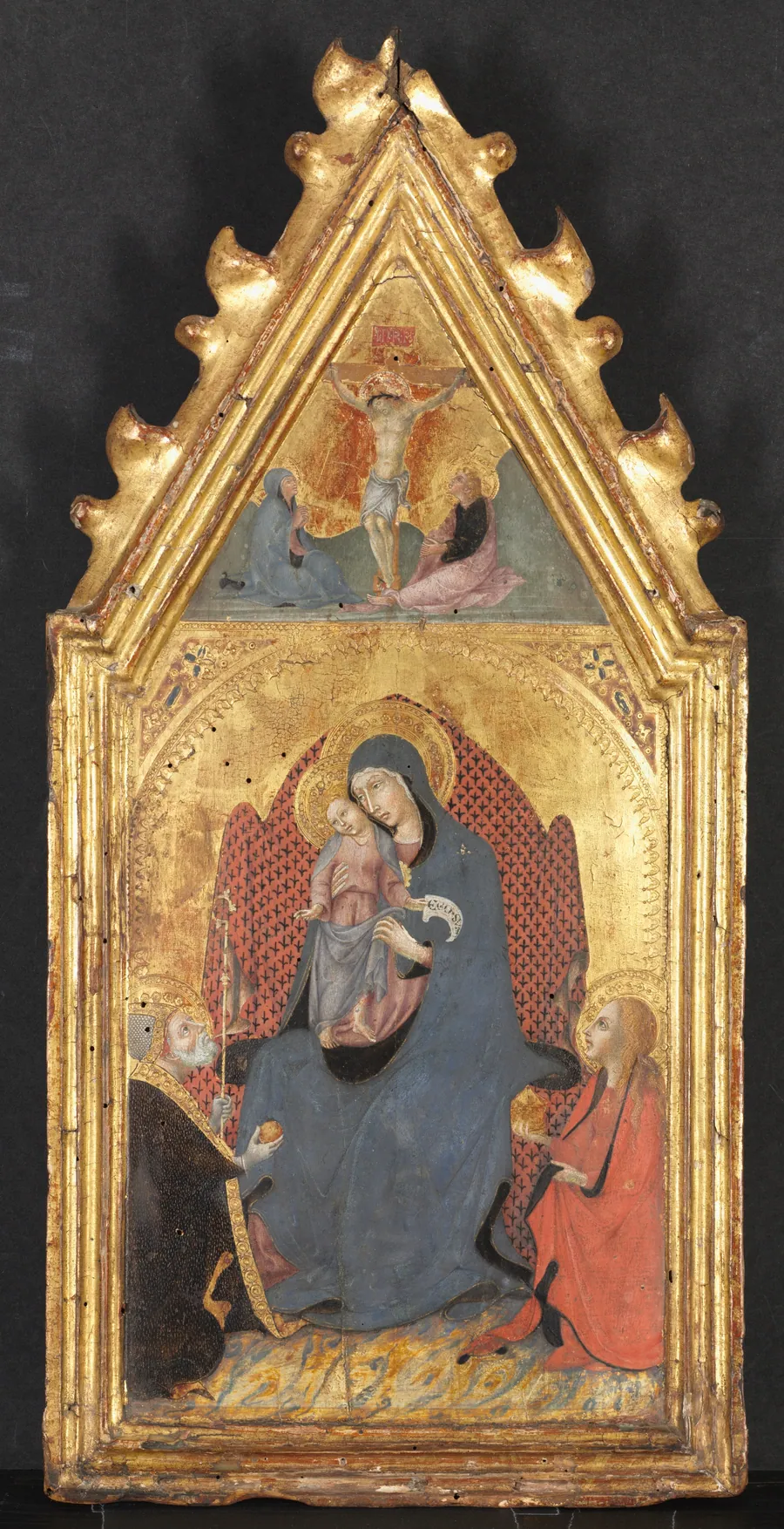 Virgin and Child Adored by Saints Mary Magdalene and Nicolas of Bari;  Christ Crucified with the Virgin and Saint John the Evangelist by Sano di Pietro