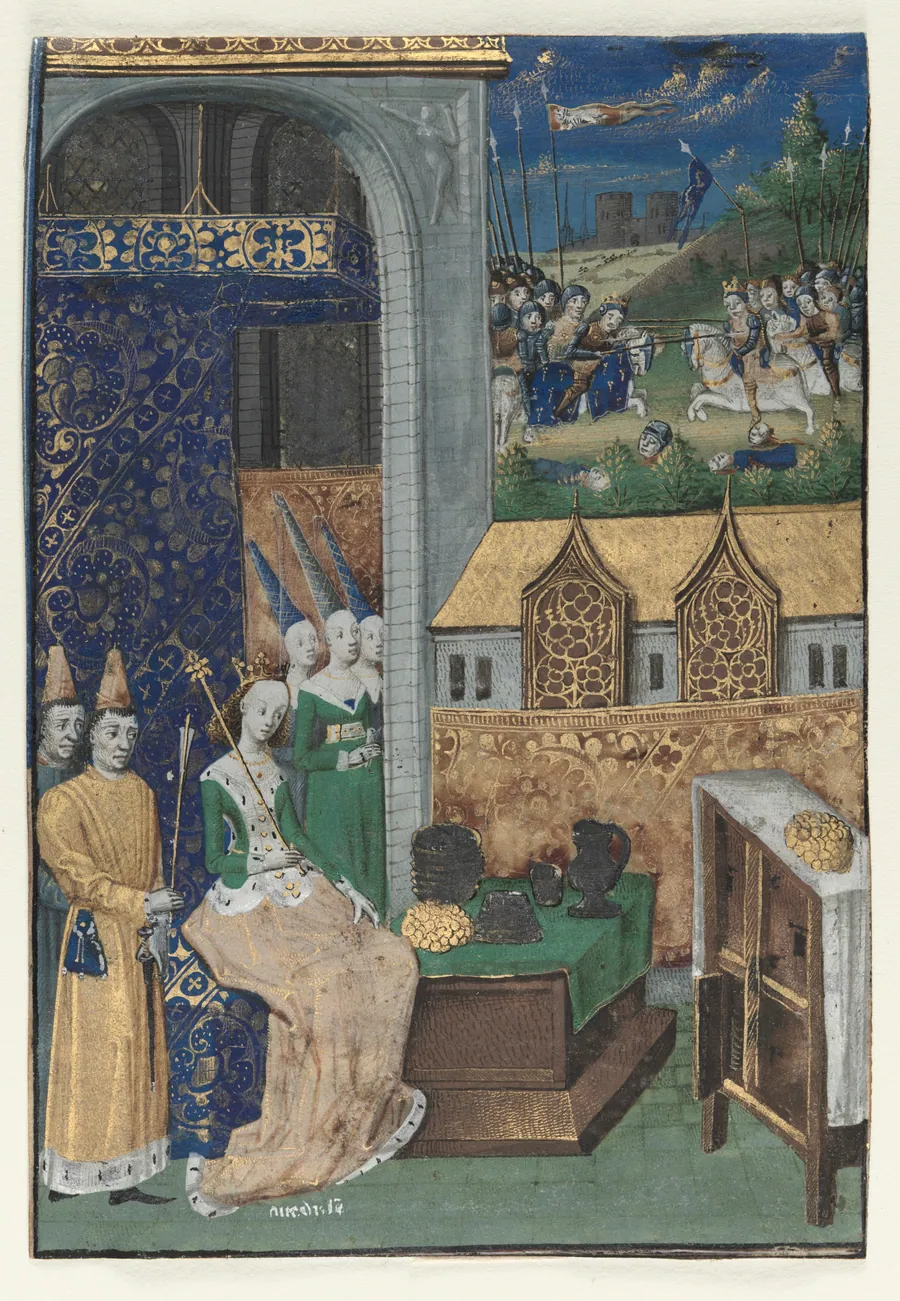 Single Miniature Excised from Boccaccio's Des Cleres et nobles femmes: Queen Medusa and Her Court by Maître François