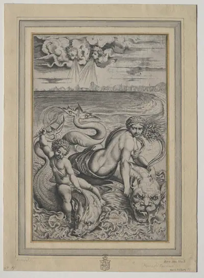 Love and Cupid Carried by Dolphins