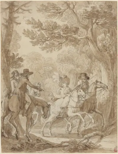Lady and Gentlemen Riding in a Park