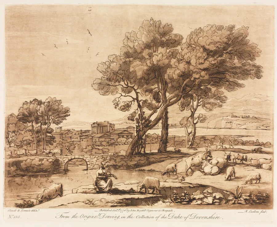 Liber Veritatis:  No. 135, A Landscape, with Buildings, Mercury Stealing Admetuss' Cattle from Apollo by Richard Earlom