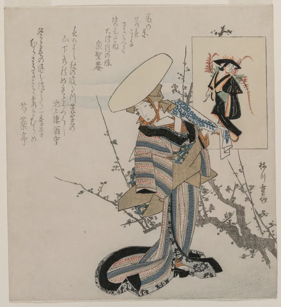 Woman by a Plum Tree Matched with the Wisteria Maiden (from a series of women compared to figures from Otsu paintings) by Yanagawa Shigenobu