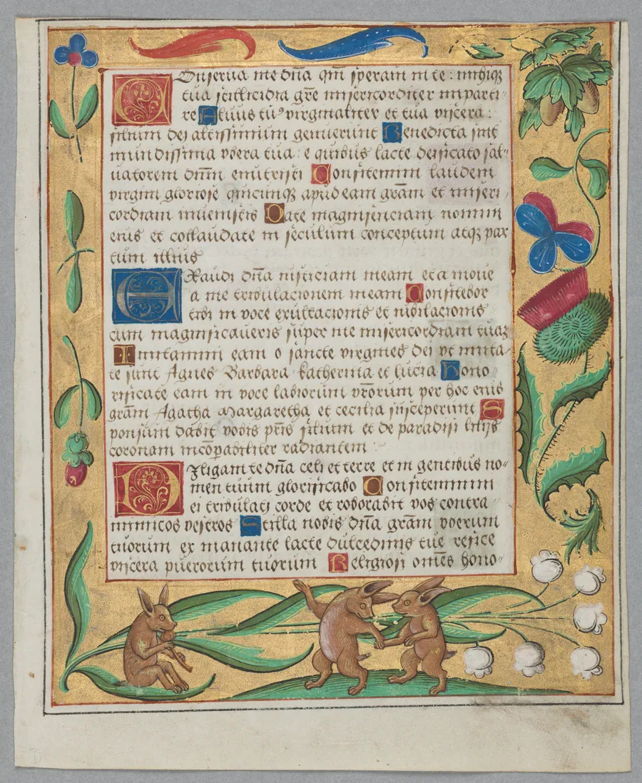 Leaf from a Psalter and Prayerbook: Rabbits Dancing (recto)