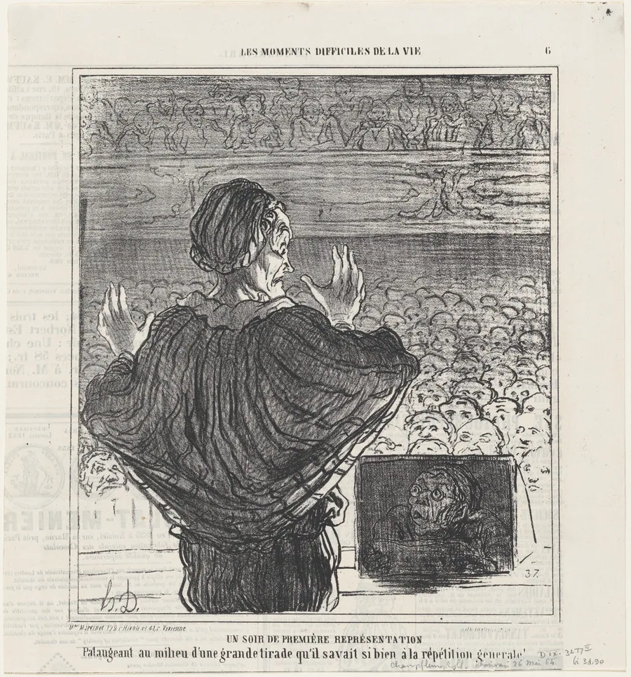 Opening night, from 'The difficult moments of life,' published in Le Charivari, May 26, 1864 by Honoré Daumier
