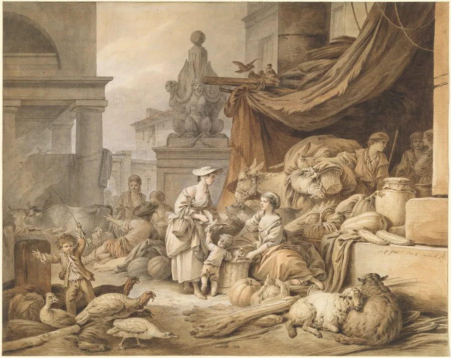 Market Scene with a Fantastic Sculpture by Jean-Baptiste Hüet