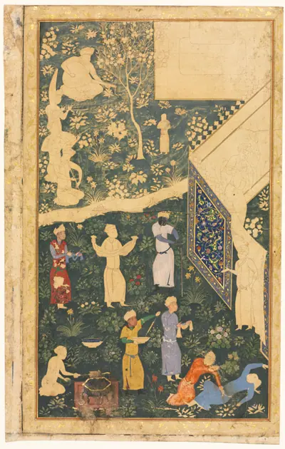 Left side of a double-page album folio: Outside a Royal Encampment (recto)