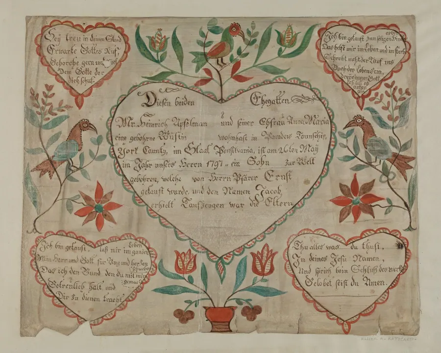 Pa. German Birth and Baptismal Certificate by Elmer R. Kottcamp