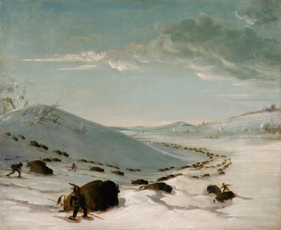 Buffalo Chase in Winter, Indians on Snowshoes by George Catlin, born Wilkes-Barre, PA 1796-died Jersey City, NJ 1872