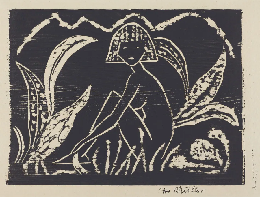 Nude Figure of a Girl in a Landscape (Madchenzwischen Blattpflanzen) by Otto Mueller