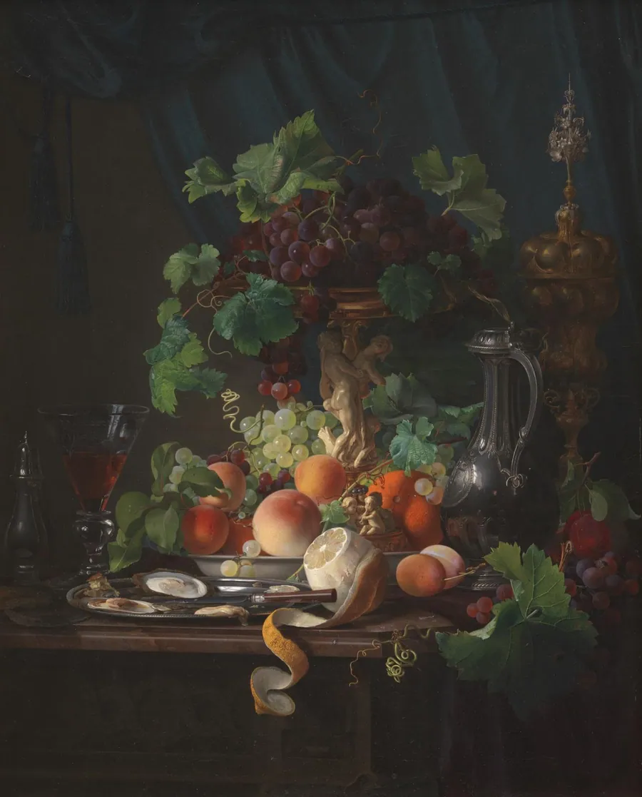 Opstilling med vinglas, østers, citron og andre frugter by Carl Balsgaard