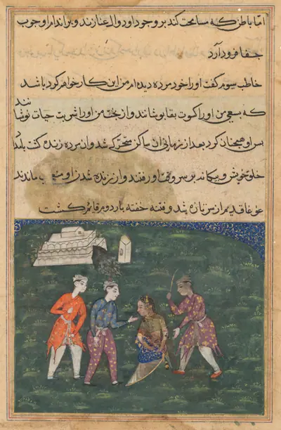 The third suitor strikes the devotee’s daughter and thus restores her to life, from a Tuti-nama (Tales of a Parrot): Twentieth Night