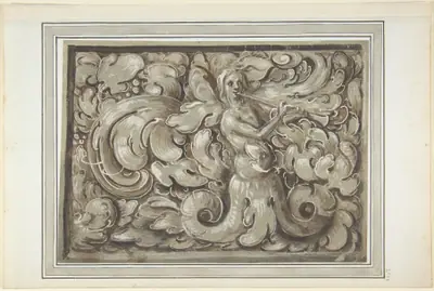 Nymph Playing a Horn (recto); Bracket with a Man's Head (verso)