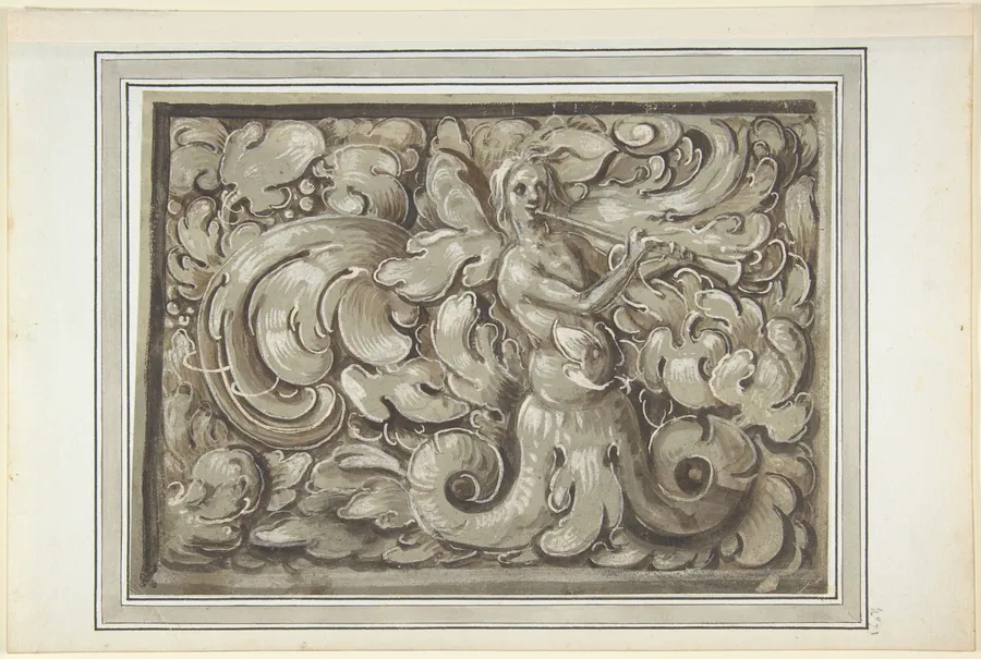 Nymph Playing a Horn (recto); Bracket with a Man's Head (verso) by Anonymous, German, 16th century