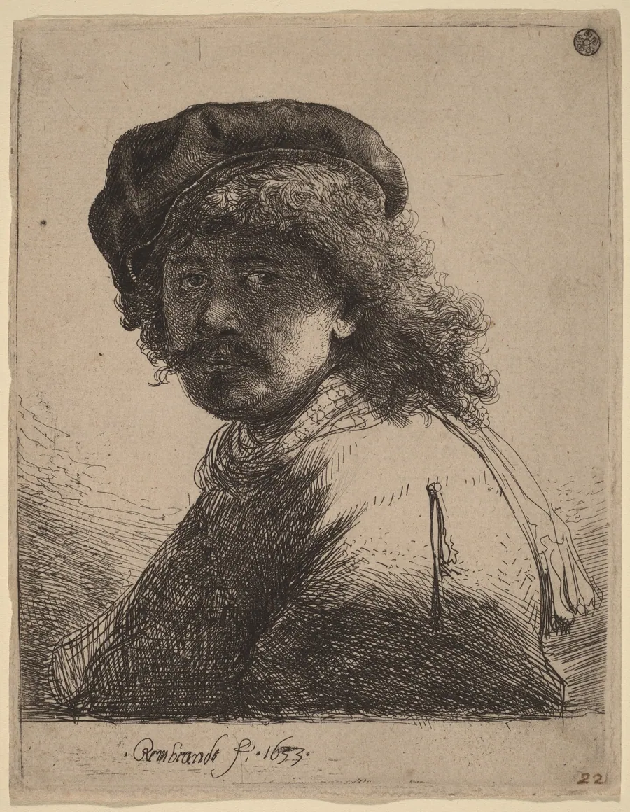 Self-Portrait in a Cap and Scarf with the Face Dark by Rembrandt van Rijn