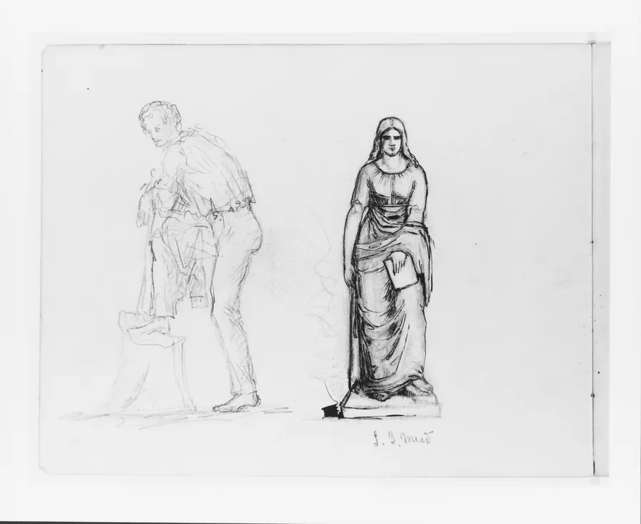 Full-length Sketch of a Male Figure; Study of a Sculpture of a Female Figure (Possibly by L. G. Mead?) (from Sketchbook) by John Quincy Adams Ward