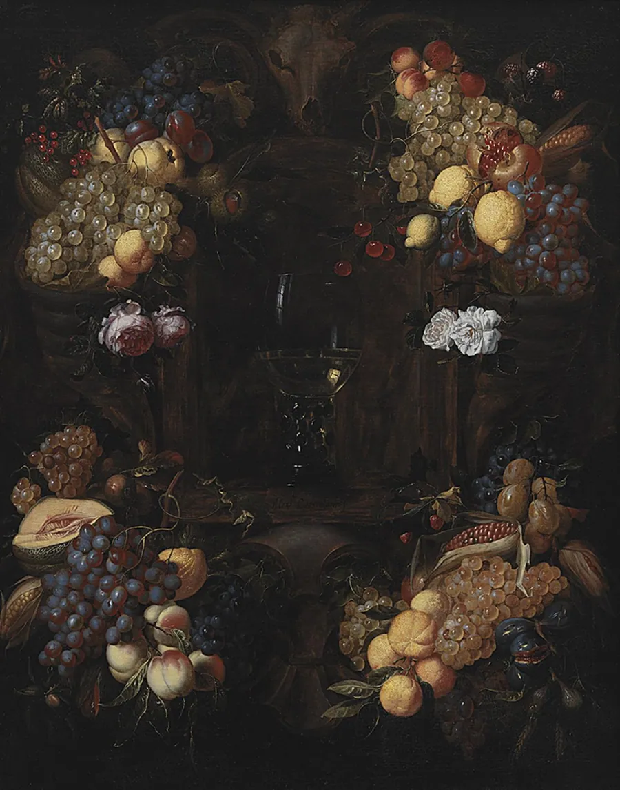 Kartouche med frugtguirlander omkring et vinglas by Alexander Coosemans