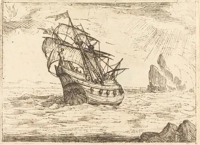 Ship Navigating Near Rocks