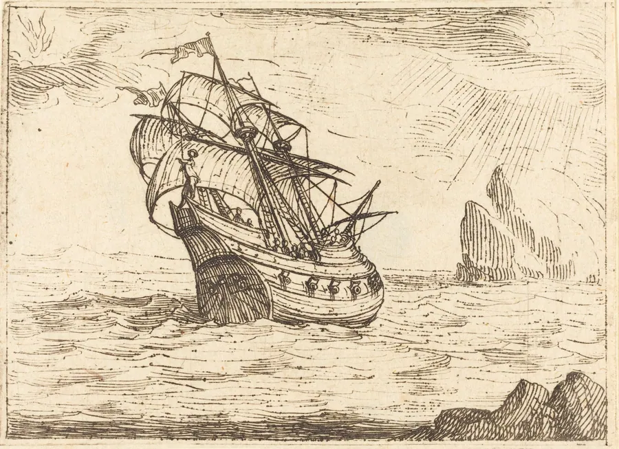 Ship Navigating Near Rocks by Jacques Callot