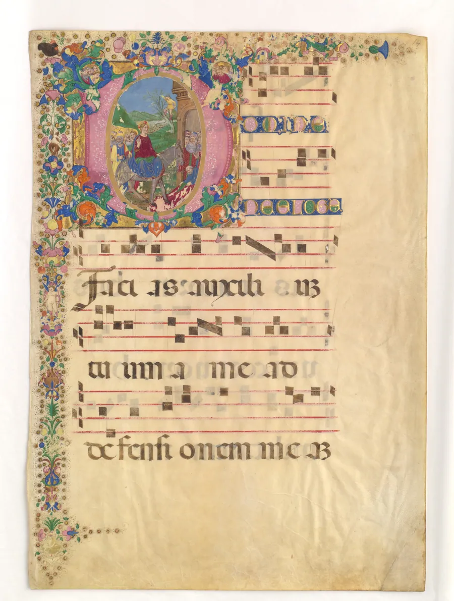 Manuscript Leaf with Entry into Jerusalem on Palm Sunday in an Initial D, from a Gradual by Bartolomeo di Domenico di Guido