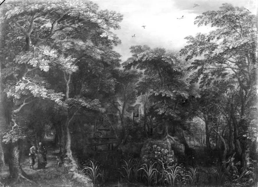 Skovlandskab med Hagars og Ismaels forstødelse by Gillis van Coninxloo III