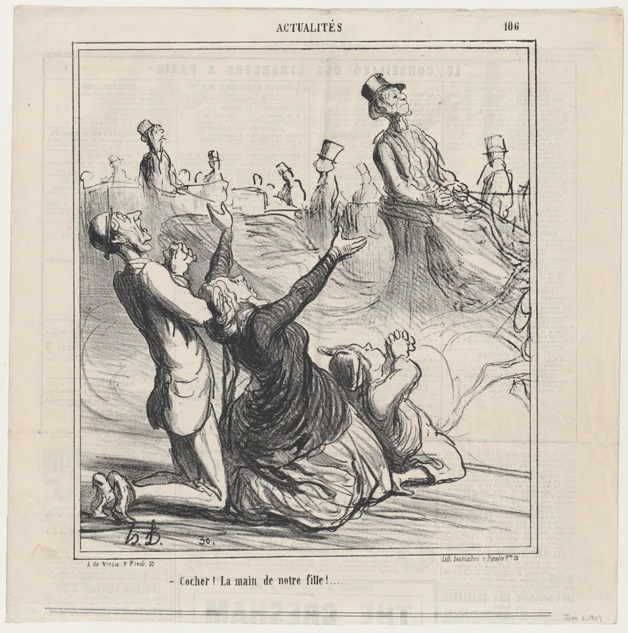 Coachman, for the hand of our daughter!..., from 'News of the day,' published in Le Charivari, June 6, 1867 by Destouches