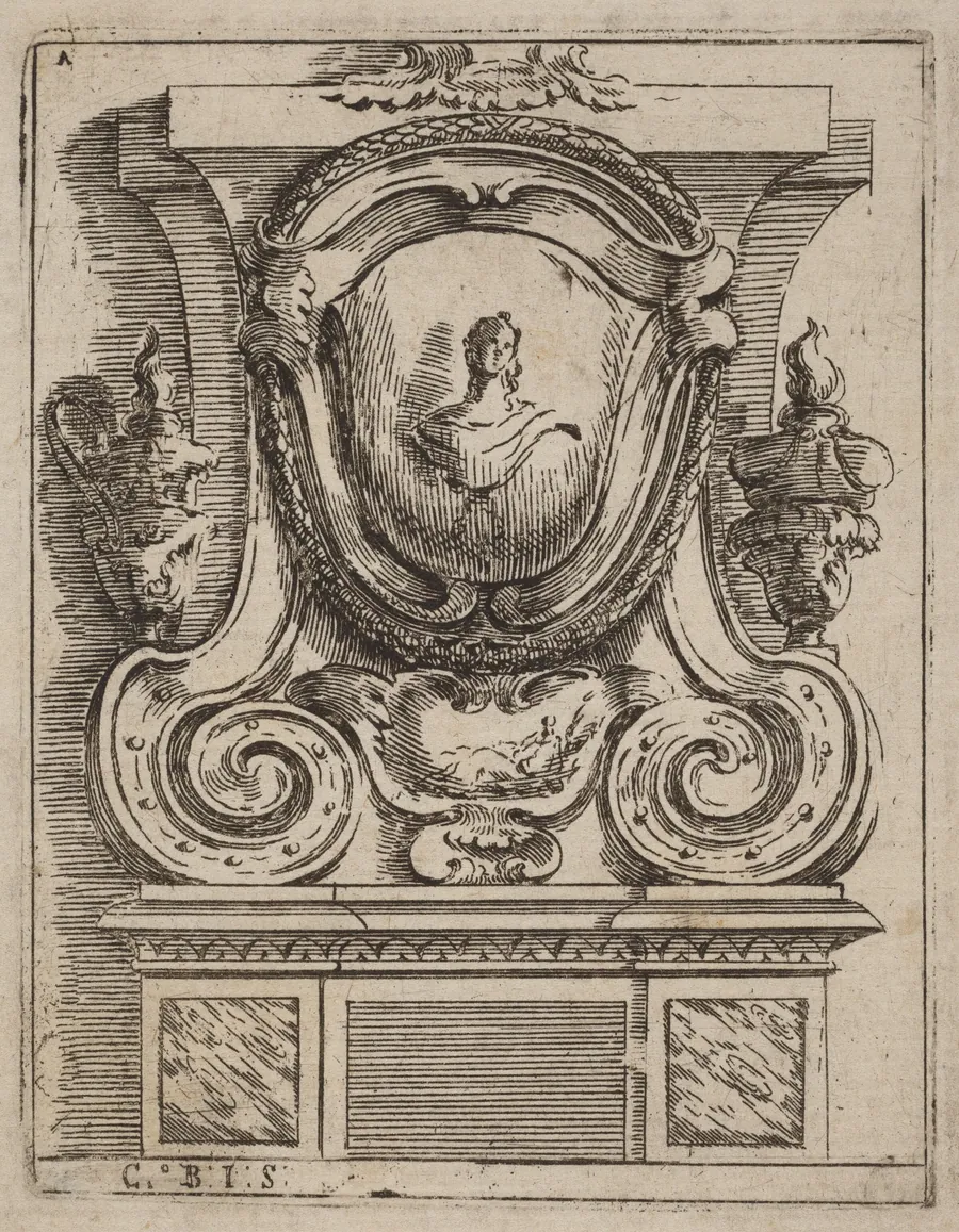 Architectural Motif with Bust and Two Lamps by Carlo Antonio Buffagnotti