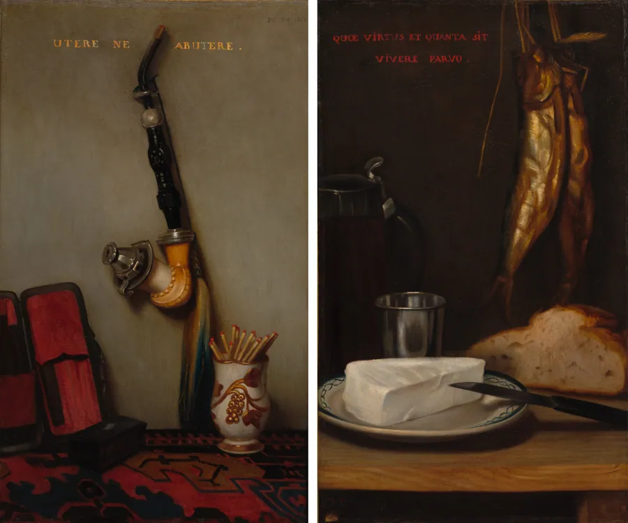 Still Life with Pipe and Matches and Still Life with Herring, Bread, and Cheese (pair) by Alexandre-Gabriel Decamps