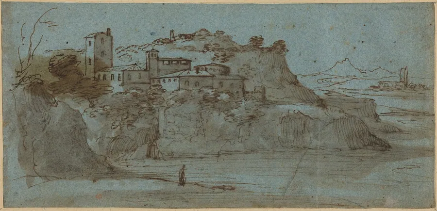 Village atop a River Cliff [recto] by Master of the Blue Landscapes