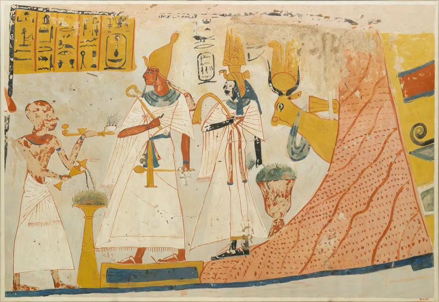 Deceased censing and libating to the deified Mentuhotep and Ahmose-Nefertari, with the Hathor cow emerging from the mountain; Tomb of Ameneminet by Charles K. Wilkinson