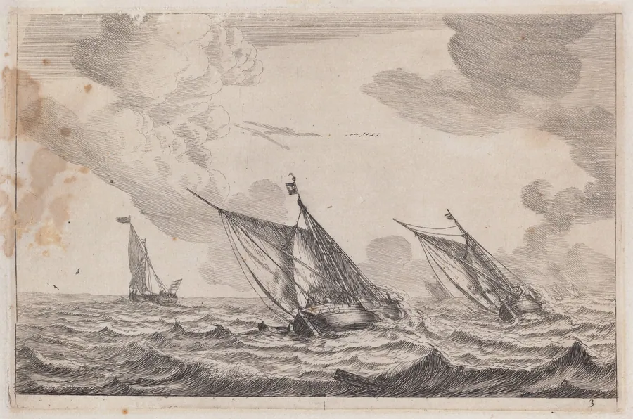 Three Sailing Vessels at Choppy Sea by Reinier Nooms, called Zeeman