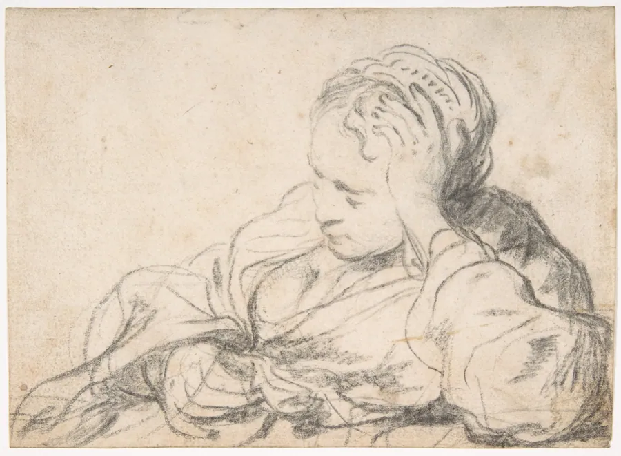 A Woman Asleep (recto);  Landscape Composition with Well-Sweep (verso) by Govert Flinck