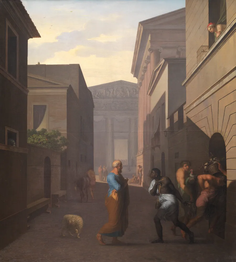 Simo betror sin frigivne Sosia sine bekymringer over sin søns forhold til pigen fra Andros. Motiv fra Terents: Pigen fra Andros by Nicolai Abildgaard
