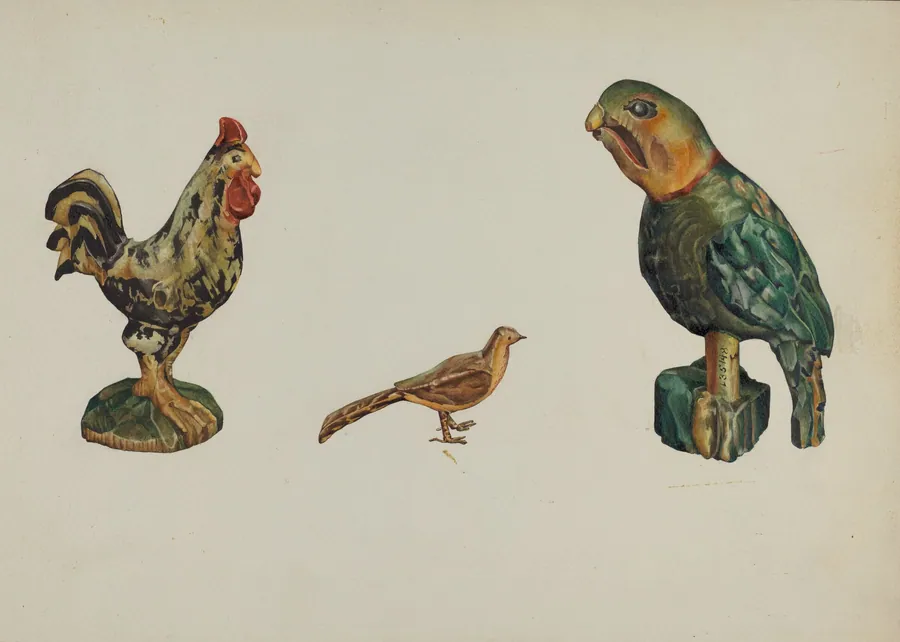 Wooden Rooster, Pheasant, and Parrot by Victor F. Muollo