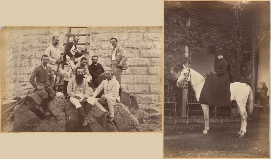 Managing staff of Meprs. Glover & Co. at Sindh Bridge (recto, top); Untitled: Woman on horse (verso, right) by Raja Deen Dayal