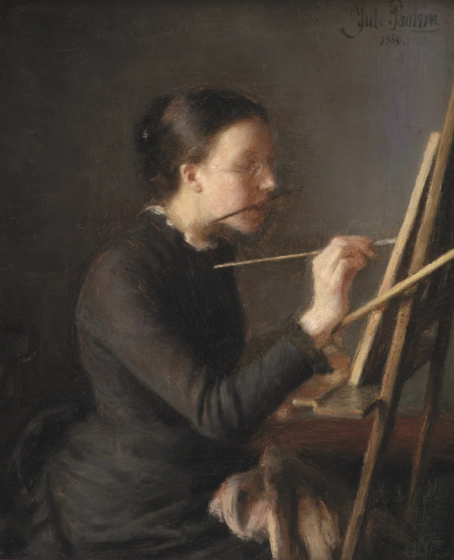 Malerinden Agnes Paulsen, kunstnerens søster, ved staffeliet by Julius Paulsen