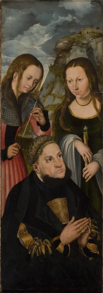 Kurfyrst Frederik den Vise af Sachsen (1463-1525) med helgeninderne Ursula (tv.) og Genoveva (th.)