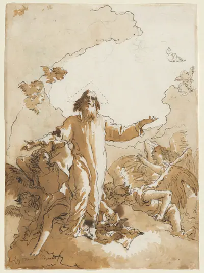 God the Father Standing in Clouds Surrounded by Angels and Putti