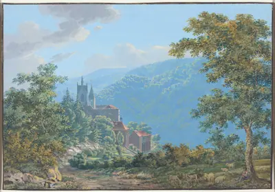 A Fortress in a Mountain Landscape at Sunrise