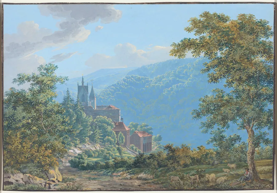A Fortress in a Mountain Landscape at Sunrise by Jakob Wilhelm Huber