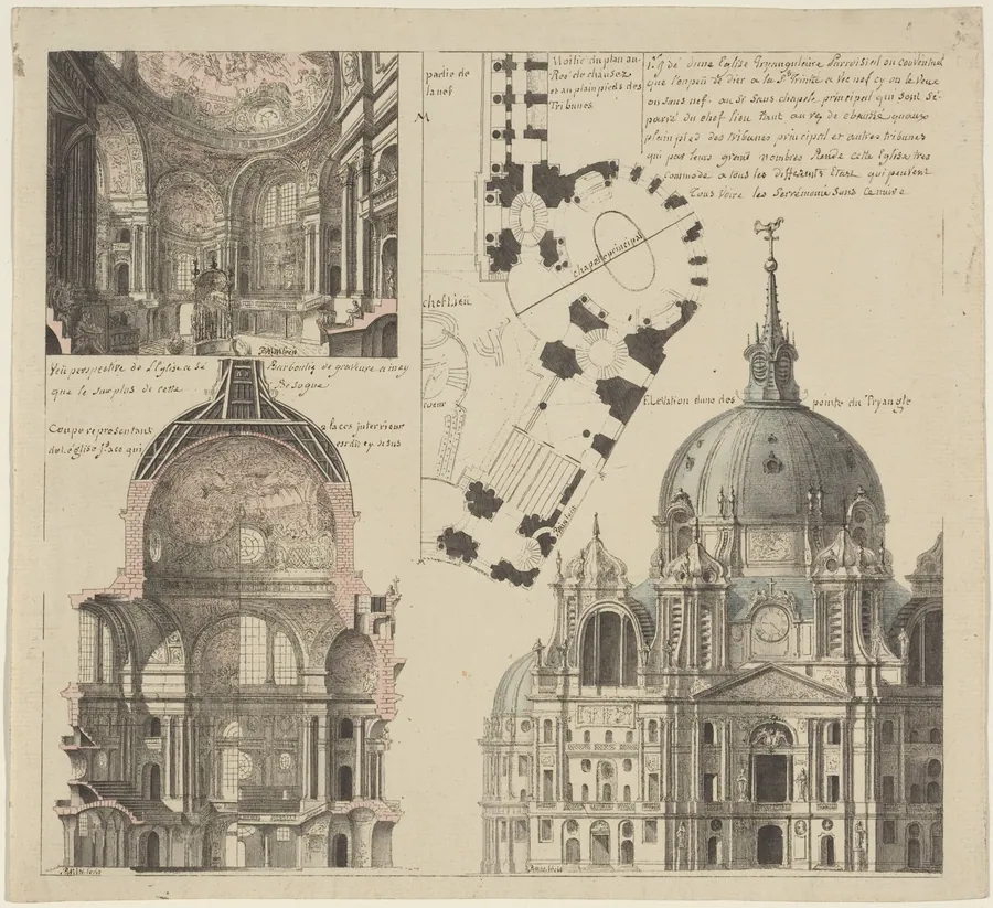 Three Views and a Plan of a Triangular Parish Church by Pierre Varin