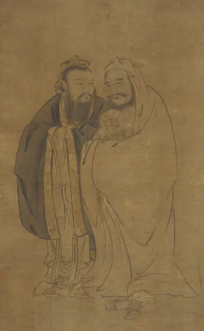 Confucius and Buddha cradling a qilin